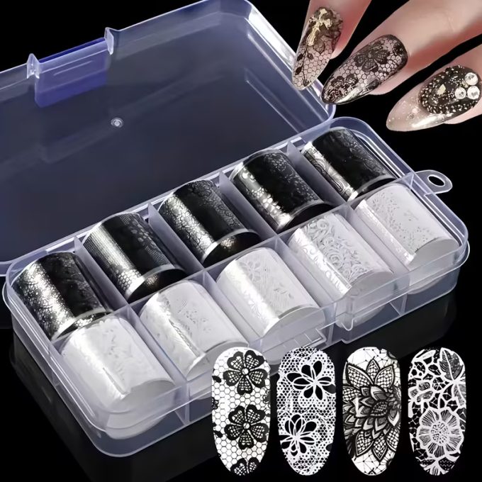 10 Rolls Black and White Lace Floral Nails Foils